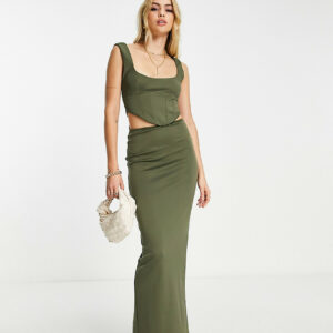 ASOS DESIGN Tall low hip corset maxi dress in khaki-Green