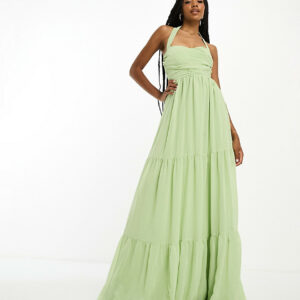 ASOS DESIGN Tall ruched bodice halter tiered maxi dress in sage green