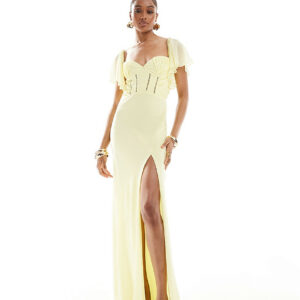 ASOS DESIGN Tall satin corset detail chiffon bias maxi dress with flutter sleeve in lemon-Yellow