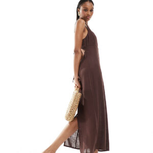 ASOS DESIGN Tall square neck tie back linen midi sundress in chocolate-Brown