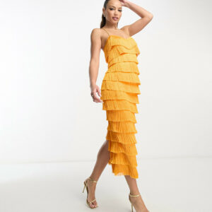 ASOS DESIGN Tall tiered midi fringed dress with cross back detail in orange