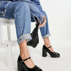 ASOS DESIGN Wide Fit Penny platform mary jane heeled shoes in black