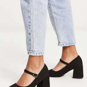 ASOS DESIGN Wide Fit Selene mary jane mid block heeled shoes in black