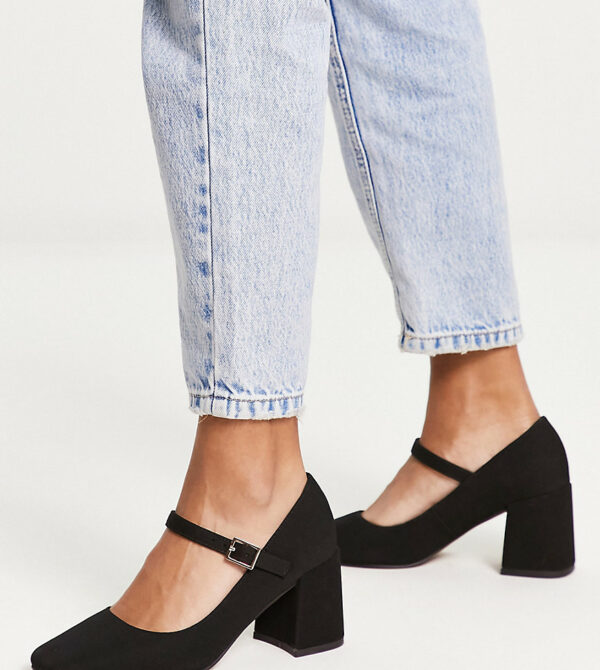 ASOS DESIGN Wide Fit Selene mary jane mid block heeled shoes in black