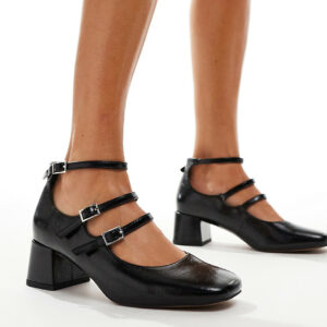 ASOS DESIGN Wide Fit Socco mid block heeled mary jane shoes in black