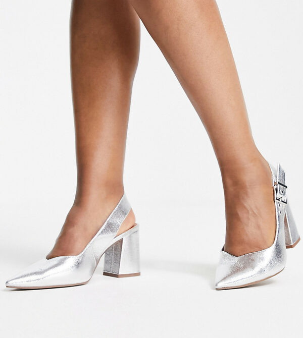 ASOS DESIGN Wide Fit West slingback block heeled shoes in silver