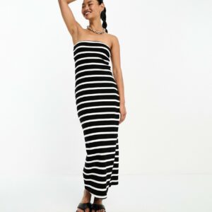 ASOS DESIGN bandeau bodycon midi dress in mono stripe-Multi