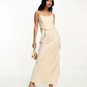 ASOS DESIGN bandeau contrast fabric slip maxi dress with corset detail in gold