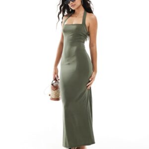 ASOS DESIGN bodycon midi dress with halter strap in khaki-Green