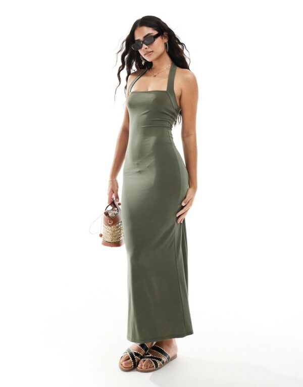 ASOS DESIGN bodycon midi dress with halter strap in khaki-Green