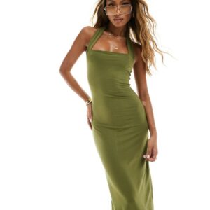 ASOS DESIGN bodycon midi dress with halter strap in olive green