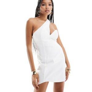 ASOS DESIGN bodycon one shoulder mini dress in ivory-White