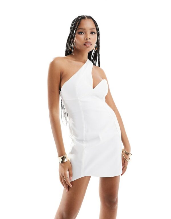 ASOS DESIGN bodycon one shoulder mini dress in ivory-White