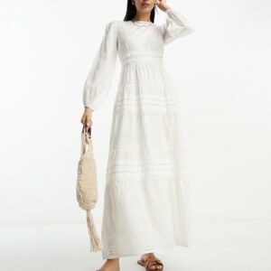 ASOS DESIGN broderie and pin tucks long sleeve tiered maxi tea dress in white