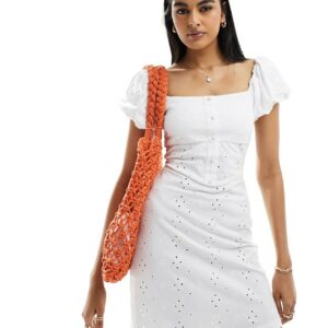 ASOS DESIGN broderie button corset mini dress with puff cap sleeve in white