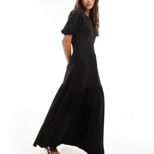 ASOS DESIGN broderie puff sleeve tiered maxi dress in black