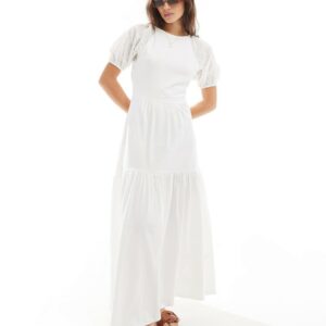 ASOS DESIGN broderie puff sleeve tiered maxi dress in white