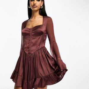 ASOS DESIGN bustier mixed satin and chiffon mini skater dress in plum-Purple