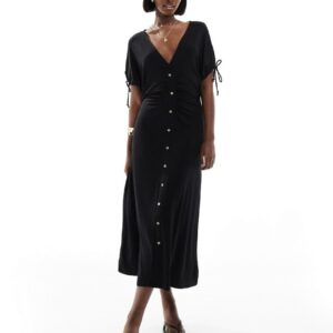 ASOS DESIGN button through midi tea dress with tie sleeve in black