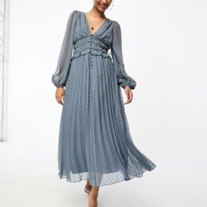 ASOS DESIGN button through ruched waist pleated midi dress in metallic dobby in silver grey