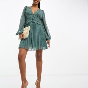 ASOS DESIGN button through ruched waist pleated mini dress in metallic dobby in soft khaki-Green