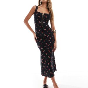 ASOS DESIGN cami strap broderie midi dress with corset bodice & ribbon detail in cherry print-Multi