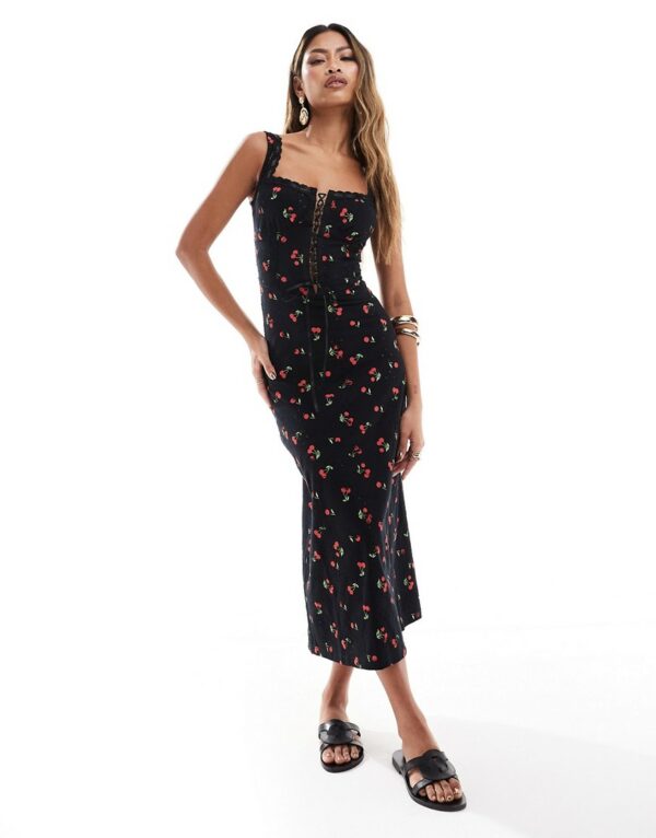 ASOS DESIGN cami strap broderie midi dress with corset bodice & ribbon detail in cherry print-Multi