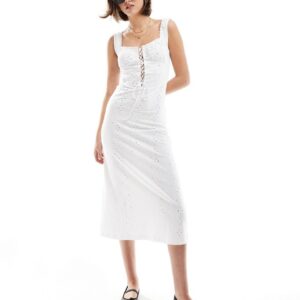 ASOS DESIGN cami strap broderie midi dress with corset bodice in white