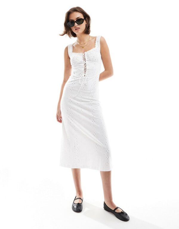 ASOS DESIGN cami strap broderie midi dress with corset bodice in white