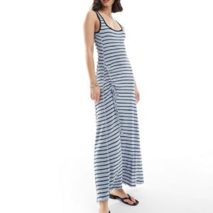 ASOS DESIGN cami strap with ruched tie and side split midi dress in navy and black stripe-Multi