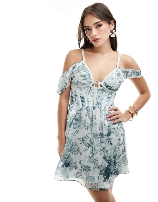 ASOS DESIGN chiffon mini dress with satin corset detail in blue floral-Multi