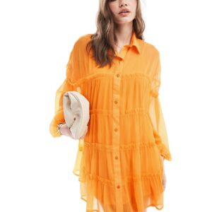 ASOS DESIGN chiffon smock mini shirt dress in tangerine-Orange