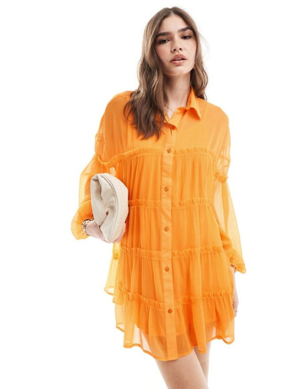 ASOS DESIGN chiffon smock mini shirt dress in tangerine-Orange