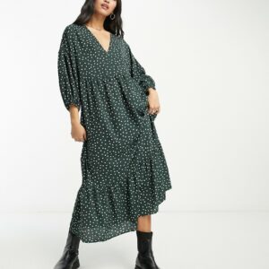 ASOS DESIGN chuck on smock midi dress in bottle green spot-Multi