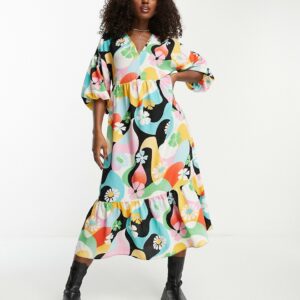 ASOS DESIGN chuck on smock midi dress in bright retro print-Multi