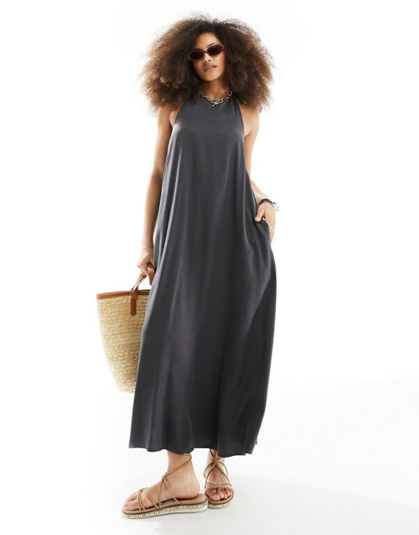 ASOS DESIGN clean halter maxi sundress in charcoal-Grey