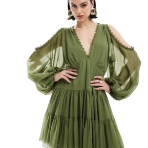 ASOS DESIGN cold shoulder tiered mini dress with lace insert in khaki-Green