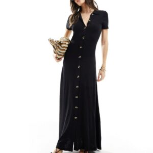 ASOS DESIGN collared linen look maxi tea dress with button front in black