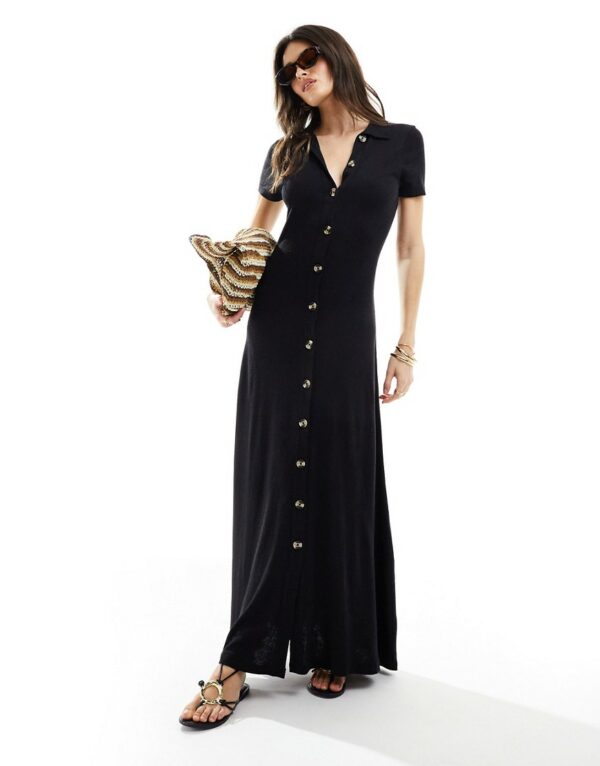 ASOS DESIGN collared linen look maxi tea dress with button front in black