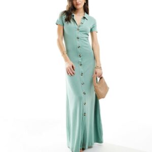 ASOS DESIGN collared linen look maxi tea dress with button front in green