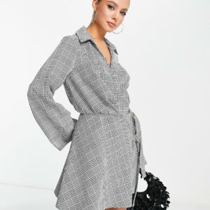 ASOS DESIGN collared wrap mini dress with D-ring tie detail in mono check-Multi