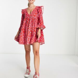 ASOS DESIGN cord mini smock dress with ruffle shoulder in red abstract print-Multi