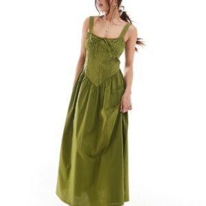 ASOS DESIGN corset bodice midi sundress with lace trims in olive-Green