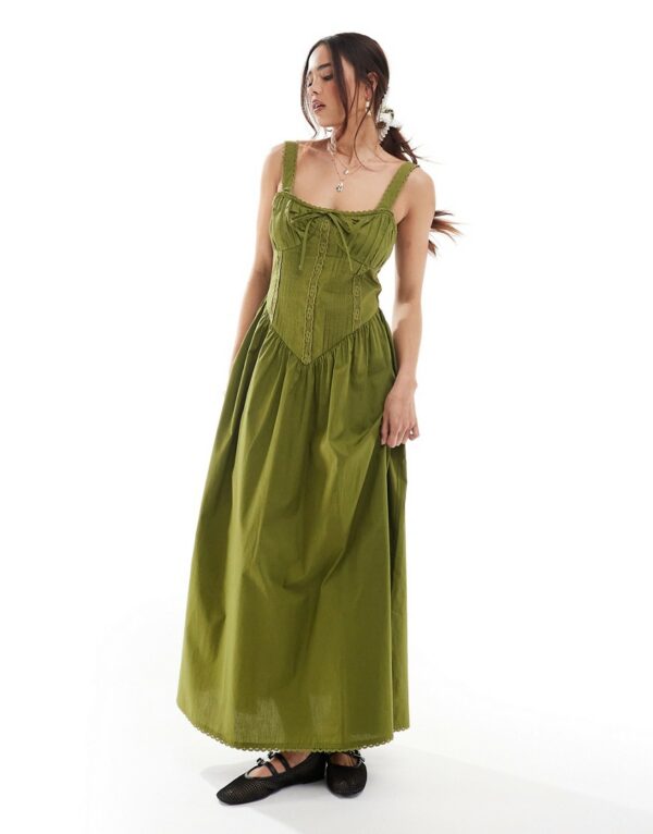 ASOS DESIGN corset bodice midi sundress with lace trims in olive-Green