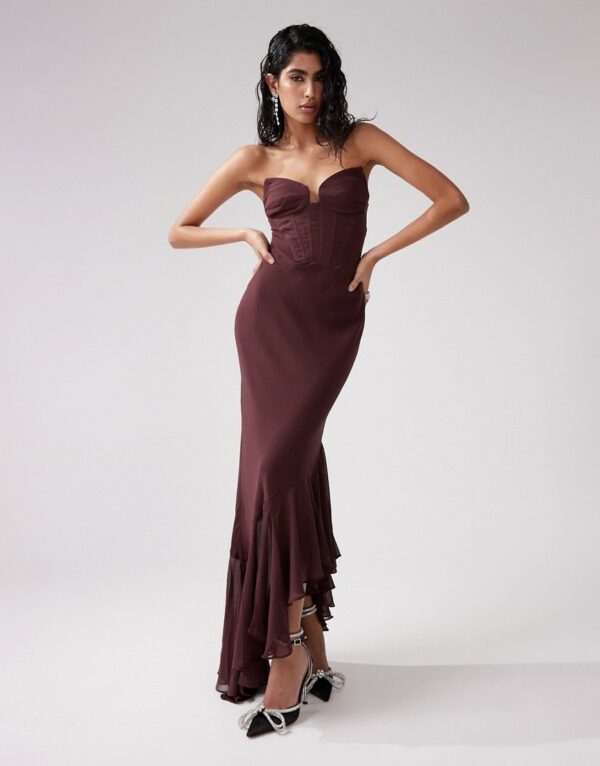 ASOS DESIGN corset detail maxi dress with asymmetric ruffle hem in burgundy-Red