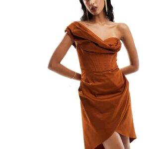 ASOS DESIGN corset fallen shoulder drape mini dress in rust-Brown