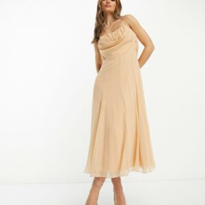 ASOS DESIGN corset midi dress with soft cowl front in warm tan-Brown