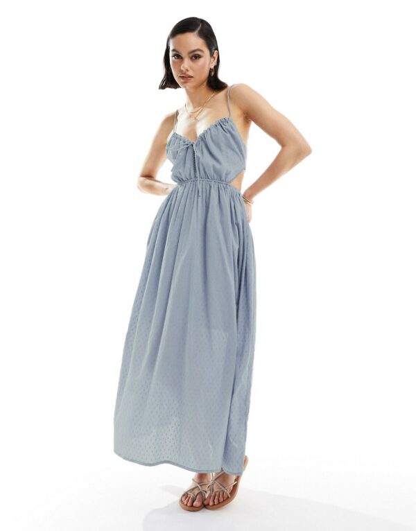 ASOS DESIGN cotton dobby midi sundress with cut out in icy blue