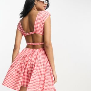 ASOS DESIGN cotton plunge button through mini sundress with elastic channel detail in red gingham-Multi