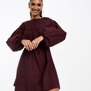 ASOS DESIGN cotton poplin mini dress with ruched bust detail in burgundy-Red